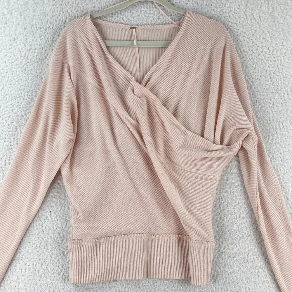 Free People Pink Cozy With You Surplice Pullover Shirt‎ Womens Ribbed Size XS